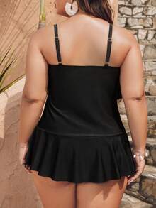 Swim Lushoire Plus Size Ruffled Hem Sleeveless Bikini Set - Black - View 2