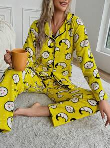 RueChic Women's Cartoon Pattern Long Pants Pajama Set - Yellow - View 1