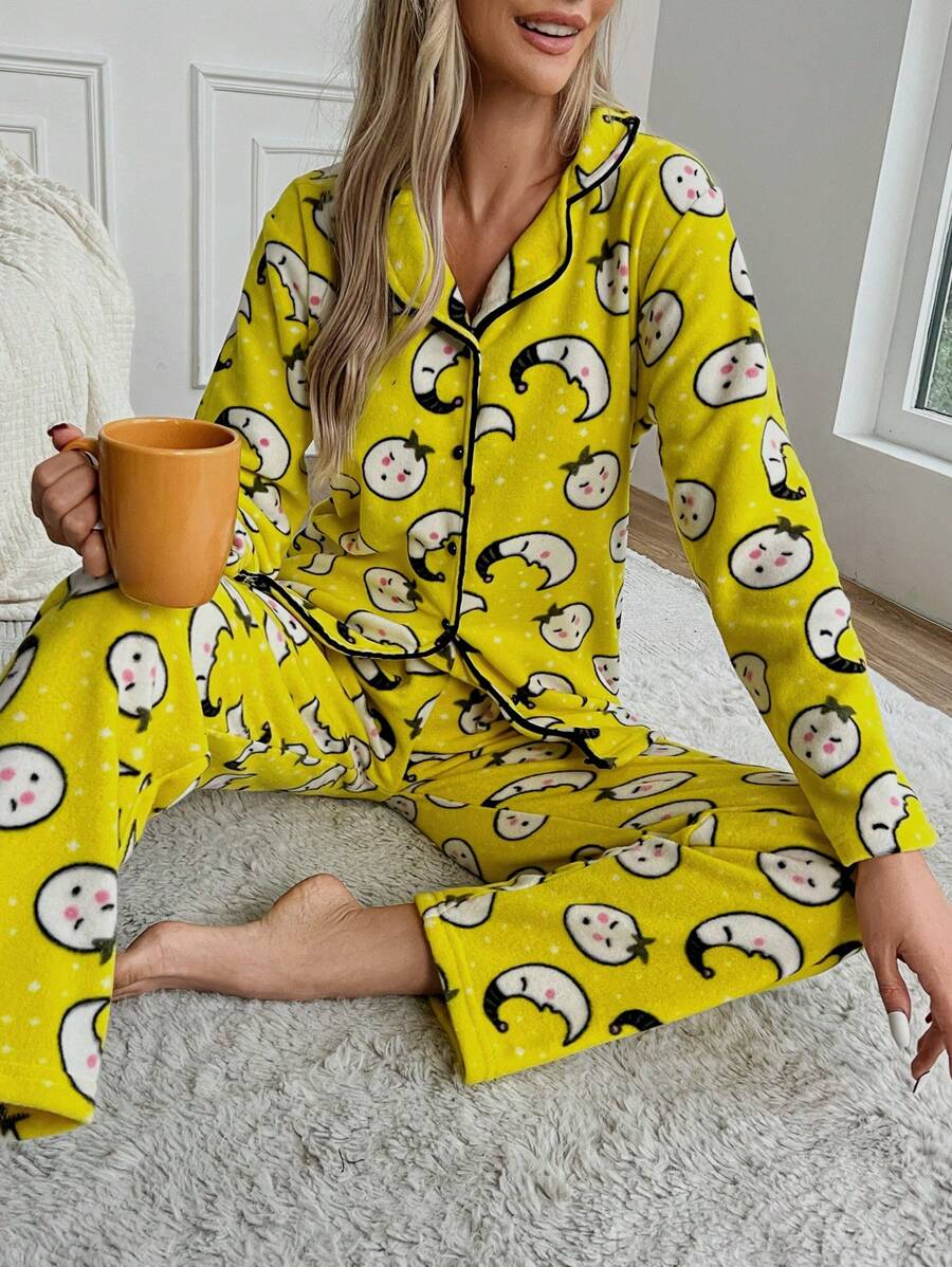 RueChic Women's Cartoon Pattern Long Pants Pajama Set - Yellow - View 1