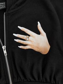 SHEIN EZwear 手掌圖案拉鏈開襟落肩袖抽繩短款連帽衫 - 黑色 - 查看 4