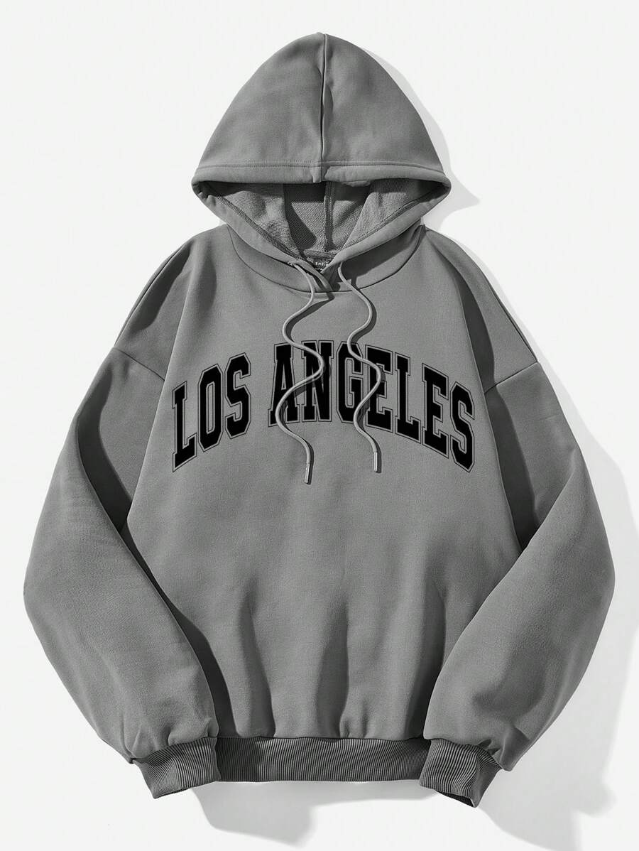 SHEIN Essnce Sudadera con capucha casual de talla grande con estampado de letra y cordón - Gris - Ver 1