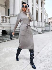 Aveloria Women's Turtleneck Belted Sweater Dress - Khaki - View 6