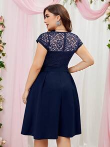 MIUSOL Plus Contrast Floral Lace Panel Flared Hem Cocktail Party Swing Dress - Navy Blue - View 2