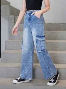 Quần jeans ống đứng, phong cách thường ngày, thời trang, cổ điển, kiểu cargo dành cho bé gái tuổi teen. - Rửa trung bình - Xem 4