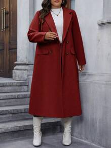 Calvaya Plus Size Red Double Breasted Mid-Length Coat - Burgundy - View 1