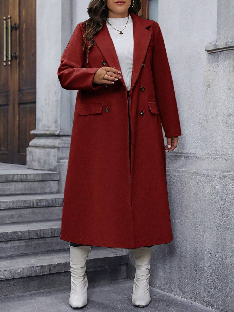 Calvaya Plus Size Red Double Breasted Mid-Length Coat - Burgundy - View 1