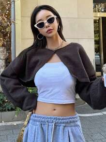 Dazy Star 1pc Solid Drop Shoulder Super Crop Sweater - Coffee Brown - View 1