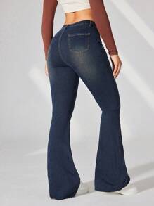 SHEIN EZwear Của phụ nữ Mèo Whisker Quần jean loe - Rửa tối - Xem 2