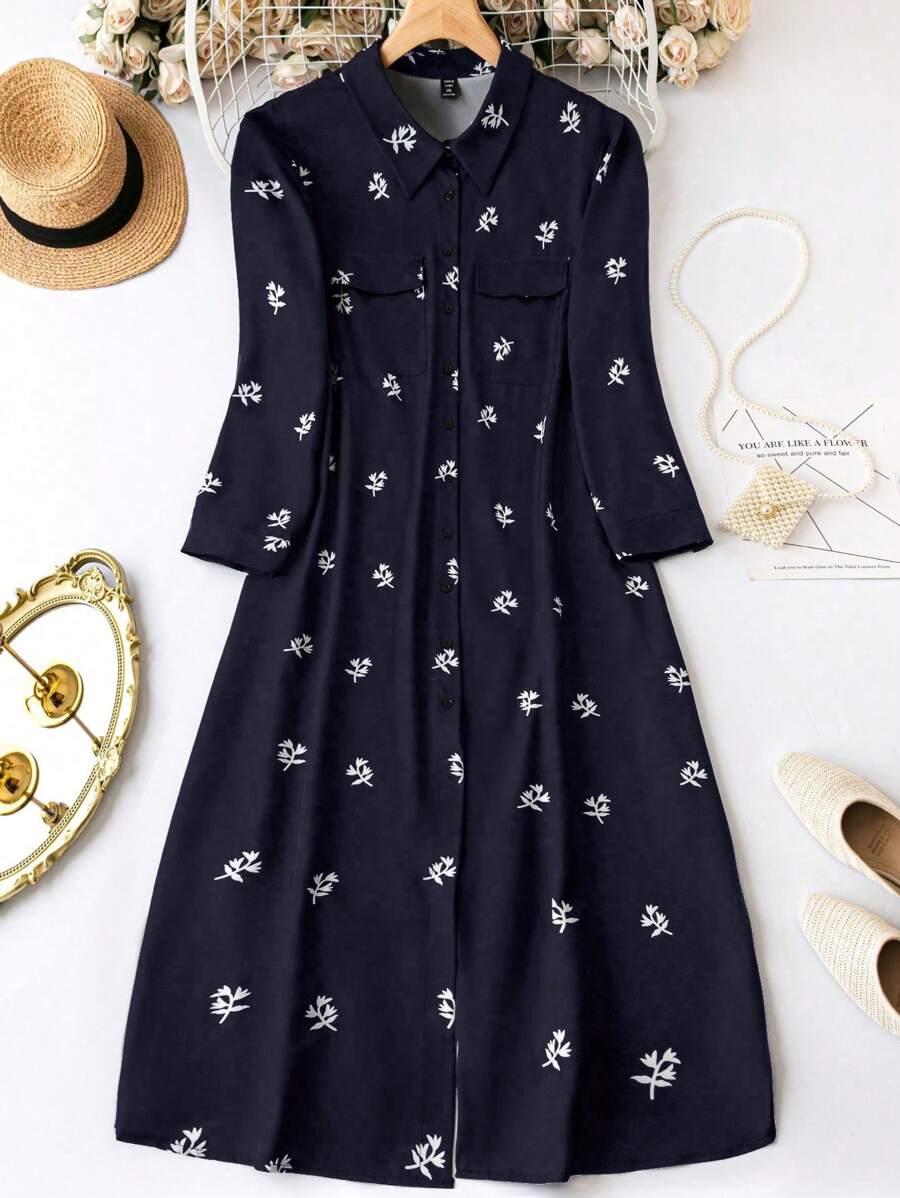 SHEIN LUNE Kích thước lớn In hoa Nút phía trước Váy sơ mi Với Flap túi - Màu xanh hải quân - Xem 1