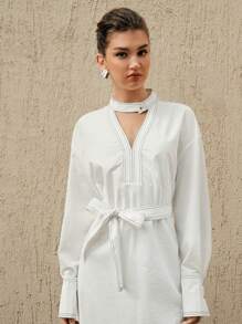 Anewsta Keyhole Neckline Drop Shoulder Belted Dress