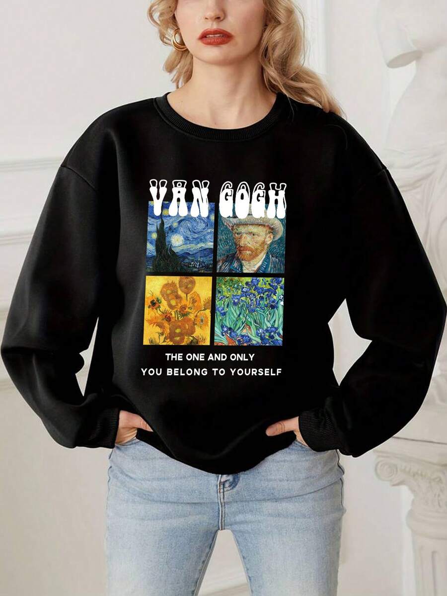 SHEIN EZwear 圓領掉肩字母印花套頭衫 - 黑色 - 查看 1