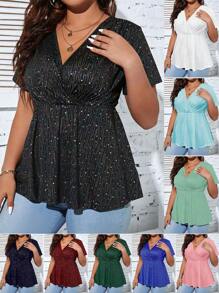 SHEIN Clasi 大碼星空圖案交疊領荷葉邊下擺T恤 - 黑色 - 查看 1