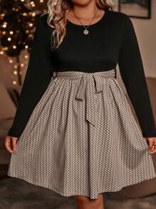 SHEIN CURVE+ Plus Self Belted Chevron Dress - Khaki - View 5