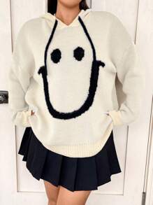 Flirla Plus Size Cartoon Face Pattern Hooded Sweater Knit Pullover Fall Winter Sweater - Beige - View 3