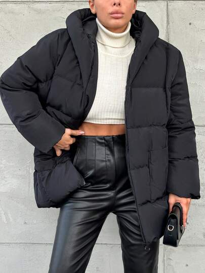 RueChic Solid Color Casual Hooded Padded Jacket