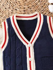 Áo len cardigan không tay kẻ sọc cho bé trai - Xanh đậm - Xem 3