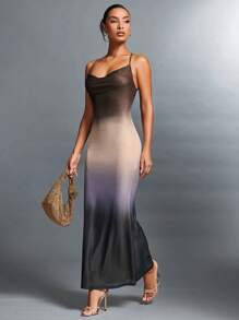 SHEIN BAE 女士渐变色优雅低胸鱼尾网纱吊带露背连衣裙，圣诞节/新年晚会服装 - 彩色 - 查看 5