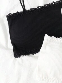 2 Piezas/set Bralette De Top De Tanque Acanalado Para Chicas Adolescentes - Blanco y Negro - Ver 3