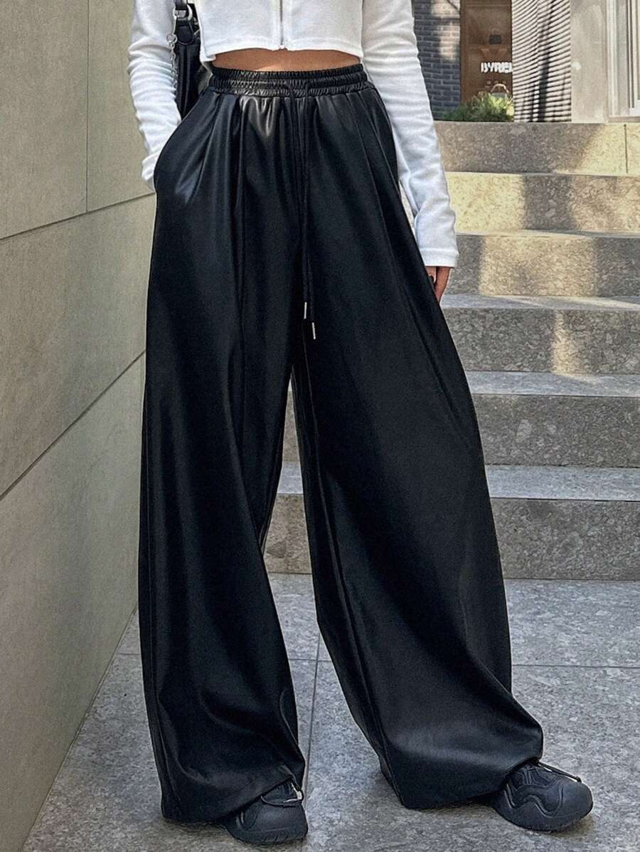 Dazy Star 束腰pu寬腳褲 - 黑色 - 查看 1