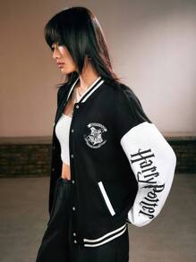 Harry Potter | ROMWE Letter Print Contrast Drop Shoulder Baseball Jacket, School