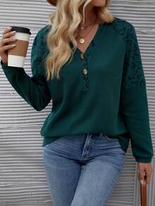 EMERY ROSE 女士豹紋網眼針織下垂肩t恤 - 墨綠色 - 查看 4