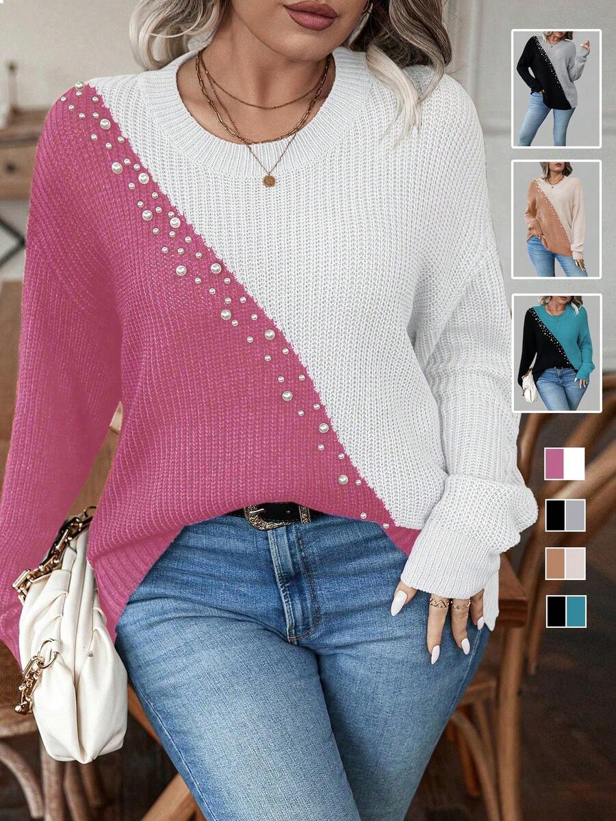 Calvaya 加大号色块钻珠装饰套头毛衣 - 彩色 - 查看 1