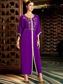 Al Najma Contrast Binding Batwing Sleeve Turkish And Arabic Traditional Kaftan - Purple - View 3