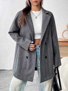 Flirla 雙排釦斜紋呢子外套 - 灰色 - 查看 4