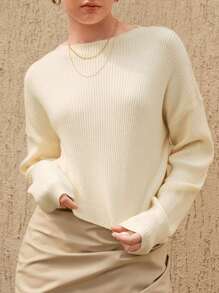 Anewsta Suéter de mujer de punto acanalado con hombros caídos para otoño e invierno - Beis - Ver 8