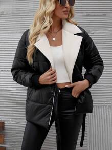 SHEIN LUNE 撞色翻领系腰加厚棉服外套冬季