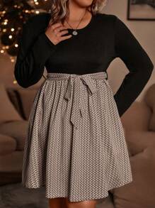 SHEIN CURVE+ Plus Self Belted Chevron Dress - Khaki - View 1