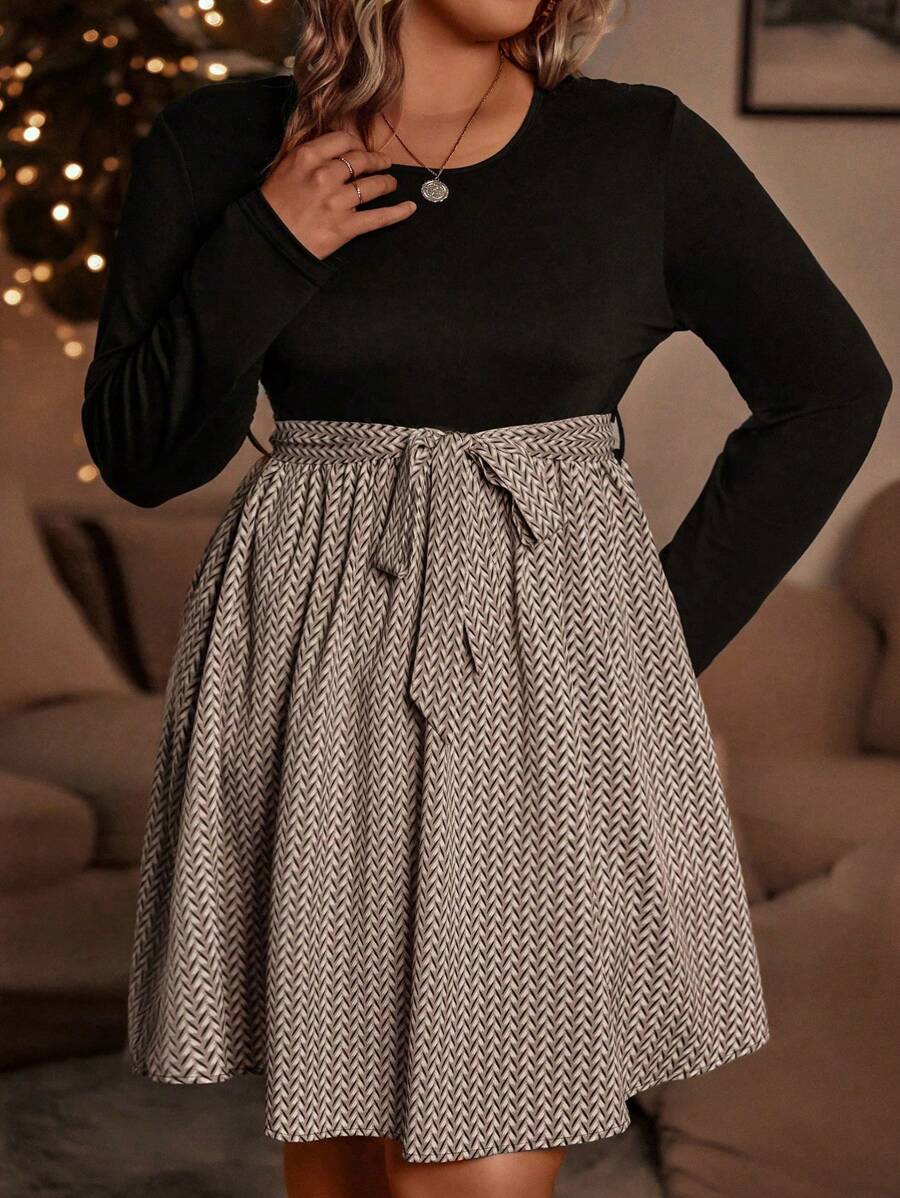 SHEIN CURVE+ Plus Self Belted Chevron Dress - Khaki - View 1