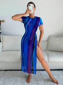SHEIN Swim 高側面開衩色塊連身泳裝罩衫,帶結扣細節 - 藍色 - 查看 4