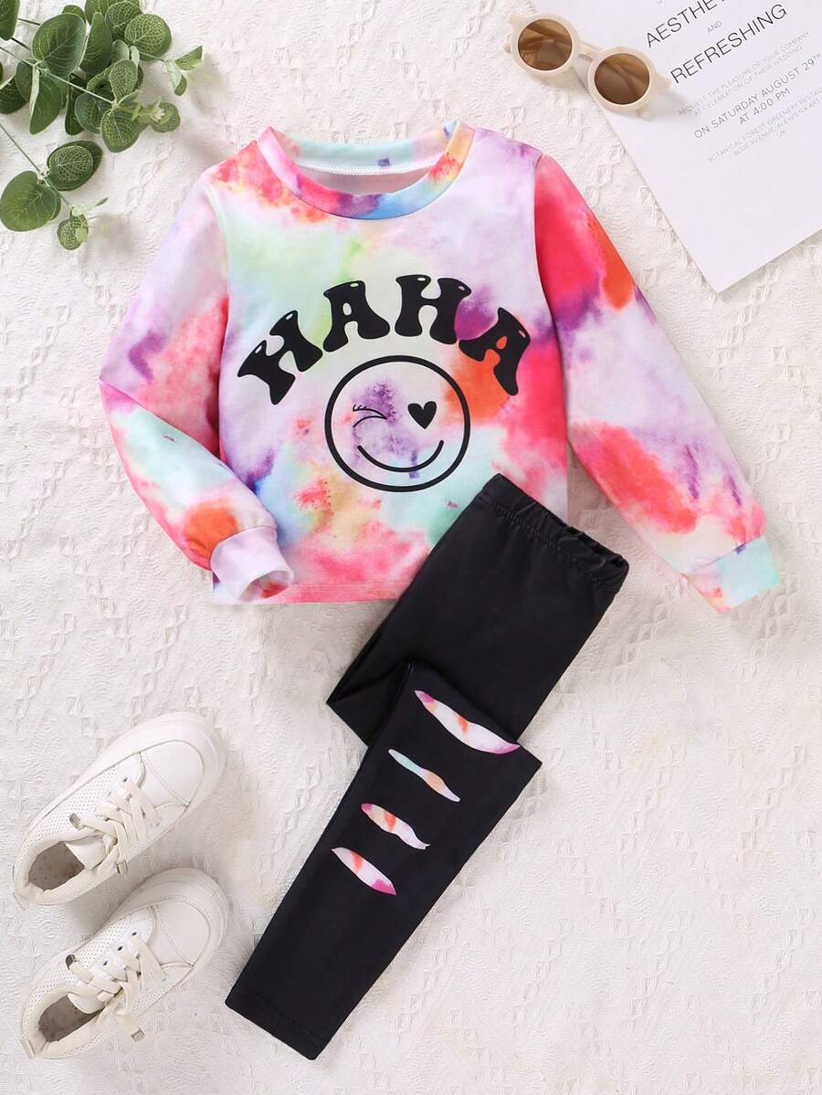 SHEIN Cô Gái Trẻ Nhuộm buộc Đồ họa Chữ cái Áo chui đầu & Xà cạp - Nhiều màu - Xem 1