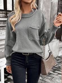 SHEIN LUNE Women's Pocket Loose Pullover Sweater - Grey - View 4