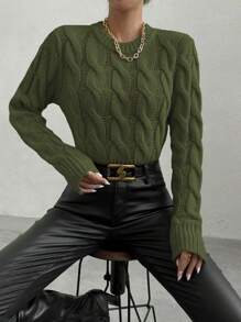 Chiquease Solid Color Pullover Knit Pullover Fall Winter Sweater - Army Green - View 2