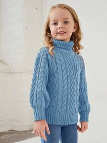 SHEIN Young Girl Turtleneck Cable Knit Sweater - Blue - View 3