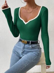 Chiquease 撞色包边心形领毛衣，长袖针织套头衫，秋冬毛衣 - 墨綠色 - 查看 3