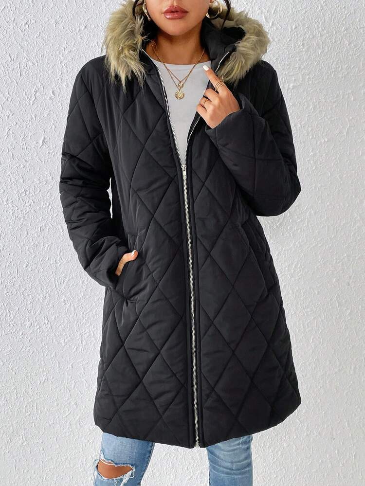 Women's Hooded Padded Padded Coat Clothes Winter With Diamond-Shaped Quilting And Trim