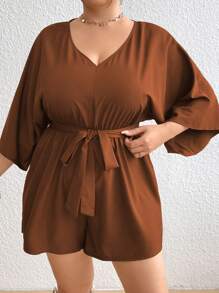 SHEIN Holidaya Hơn tay cánh Thắt lưng Romper - màu nâu - Xem 7