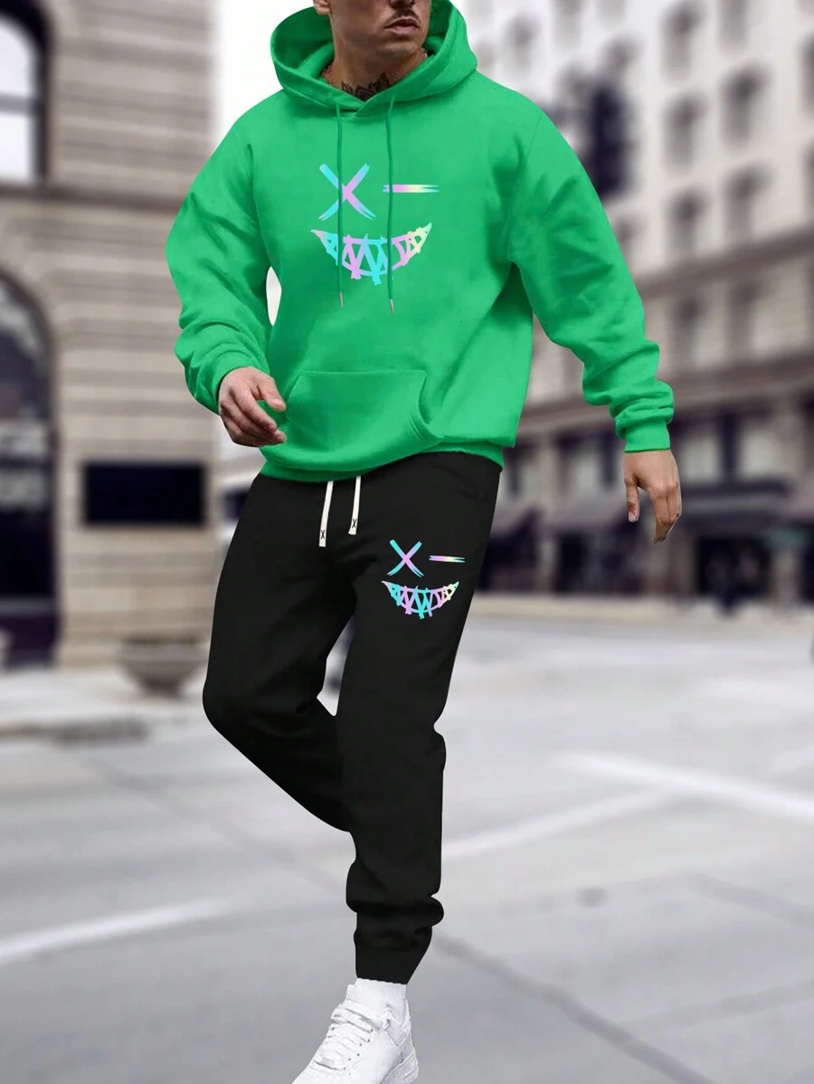 Men's Regular Fit Smiling Face Print Hoodie And Pants Set For Spring And Autumn - Green - View 1