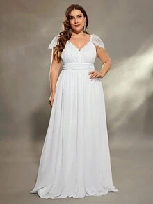 女款大尺碼 V 領雙肩蕾絲胸前荷葉邊拼布雪紡 A 字婚紗婚紗 - 白色 - 查看 5