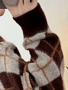 JIANHU 春季新款复古格子毛衣，宽松露肩休闲设计，柔软舒适百搭针织上衣，时尚修身优雅女装 - 紫紅色 - 查看 6