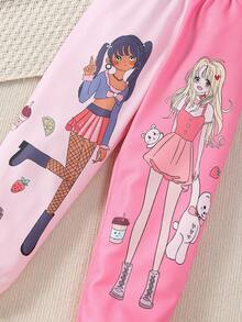 SHEIN Girls' New Style Elastic Waist Printed Sweatpants With Mandarin Ducks Pattern, Toddler/little Kids - Pink - View 3