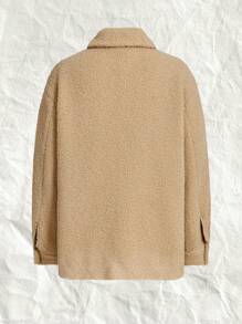 SHEIN EZwear 雙口袋落肩袖絨毛外套 - 卡其色 - 查看 2