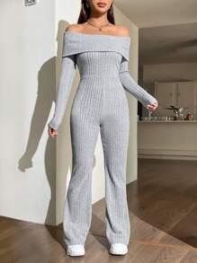SHEIN EZwear Off Shoulder Foldover Front Flare Leg Jumpsuit - Grey - View 1