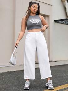 SHEIN EZwear Plus Size White High Waist Straight Leg Jeans - White - View 4