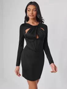 Taranthola Designer Black Cut Out Front Bodycon Elegant Dress, For Holiday, Party, Birthday Outfits, Spring, Festival - Black - View 4