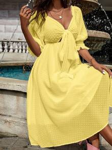 SHEIN Clasi 瑞士點點紮結前面荷葉袖連衣裙 - 黃色 - 查看 5