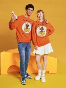TOM & JERRY X SHEIN 男女通用1件卡通印花衛衣 - 橘色 - 查看 4